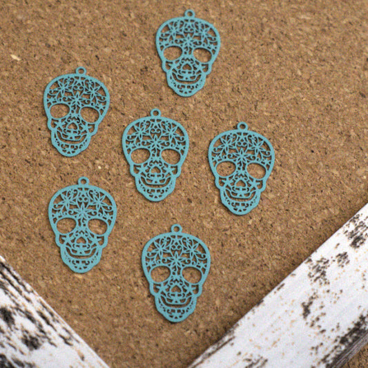 Aqua Sugar Skull Charms, Stainless Steel Laser Cut (Set of 6)