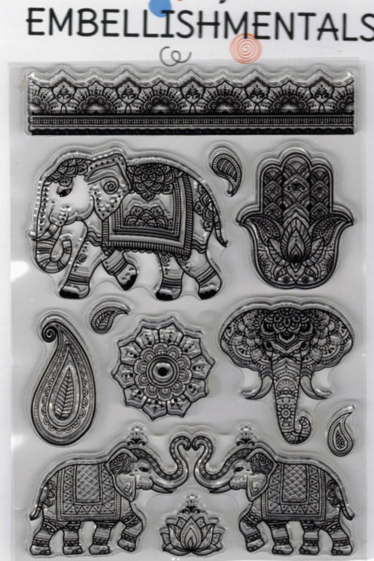 Henna Elephant & Mandala Clear Stamp Set, 11-Piece Boho Collection