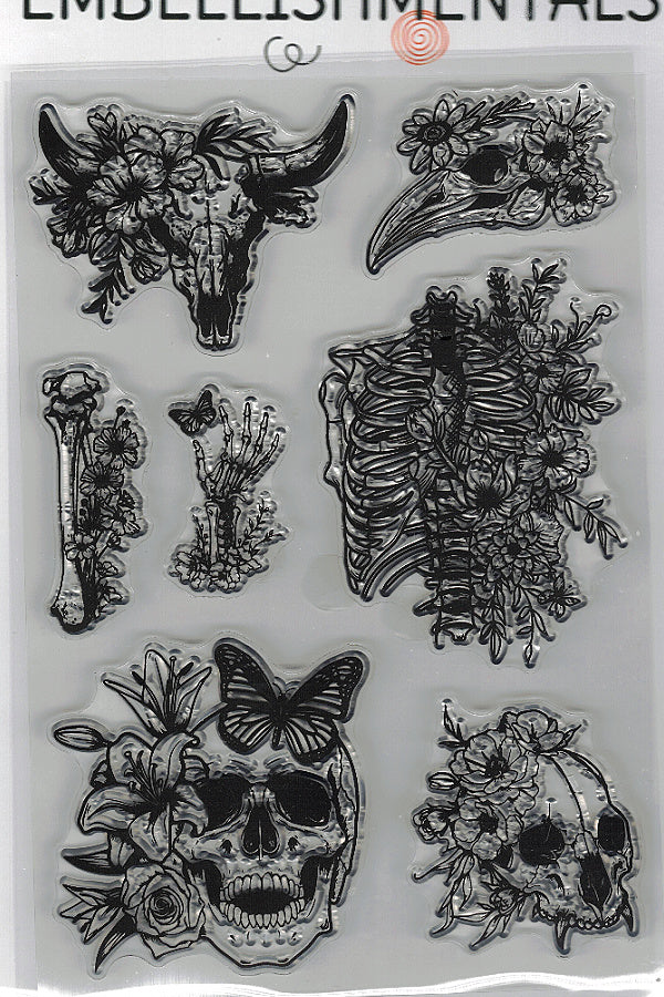 Bloom & Bone Clear Stamp Set, 7 Piece Floral Skull & Skeleton Collection