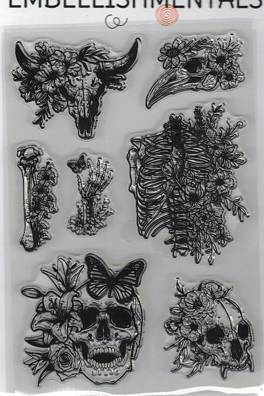 Bloom & Bone Clear Stamp Set, 7 Piece Floral Skull & Skeleton Collection