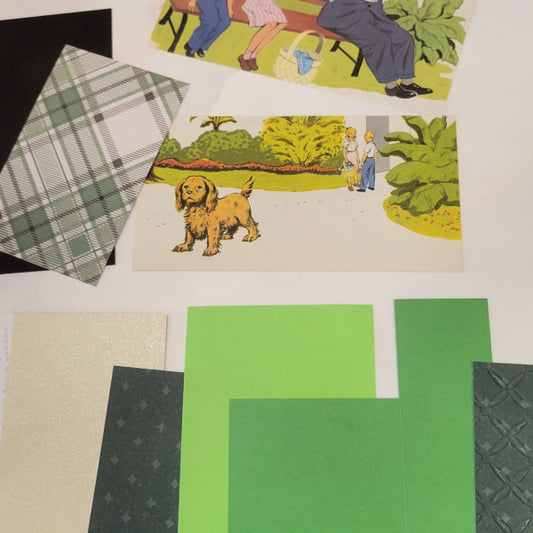 Collection of patterned paper sheets with vintage illustrations on a white background