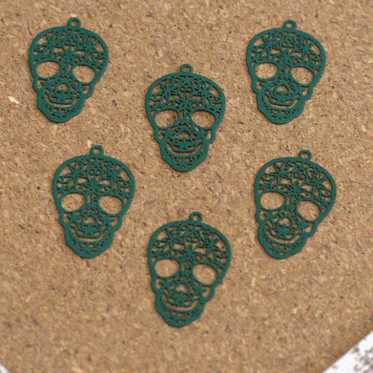 Dark Green Sugar Skull Charms, Stainless Steel Laser Cut (Set of 6)