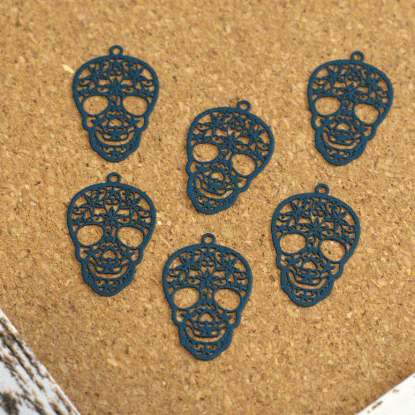 Navy Blue Sugar Skull Charms, Stainless Steel Laser Cut (Set of 6)