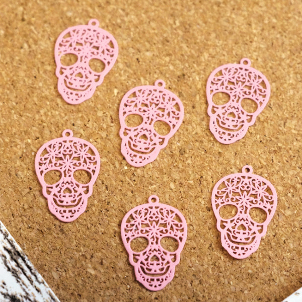 Pink Sugar Skull Charms, Stainless Steel (Set of 6)