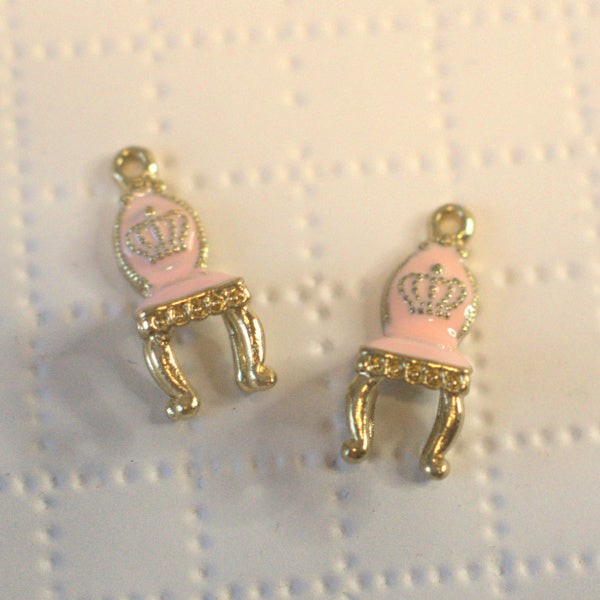 Pink Royal Throne Charm, 3D Enamel Gold Tone Miniature Chair Pendant, 2 Pieces