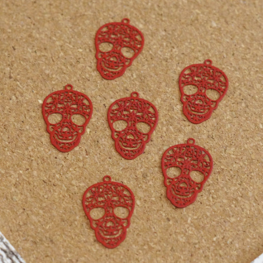 Red Sugar Skull Charms, Stainless Steel Laser Cut (Set of 6)