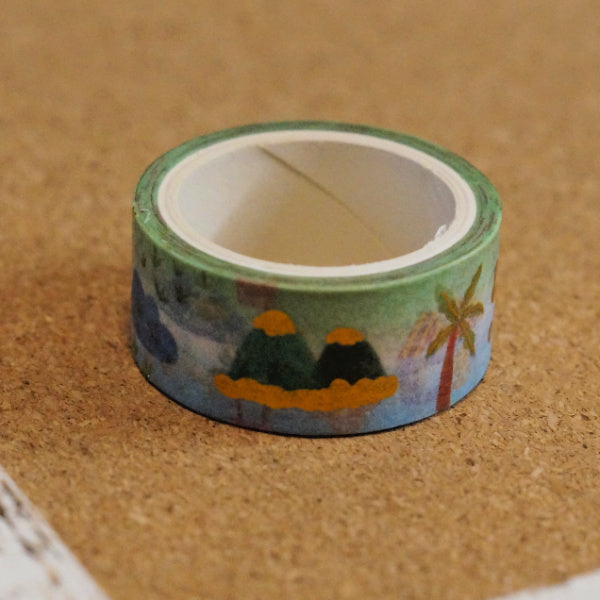 Whimsical Village Washi Tape – Green – Gold Foil Pattern