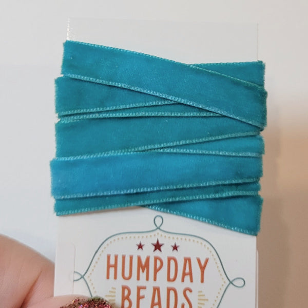 Hand-Dyed Velvet Ribbon, Teal,  5/8" Wide, 1 Yard