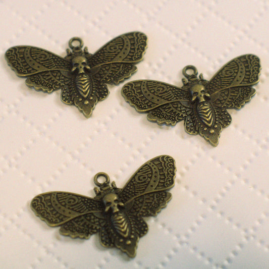 Antique Gold Moth Charm with Skull Detail, 3D Figural Metal Pendant, Set of 3