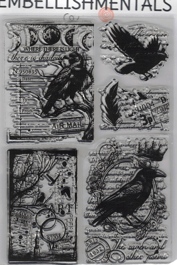 Nevermore Clear Stamp Set, 5 Piece Raven & Vintage Ephemera Collection