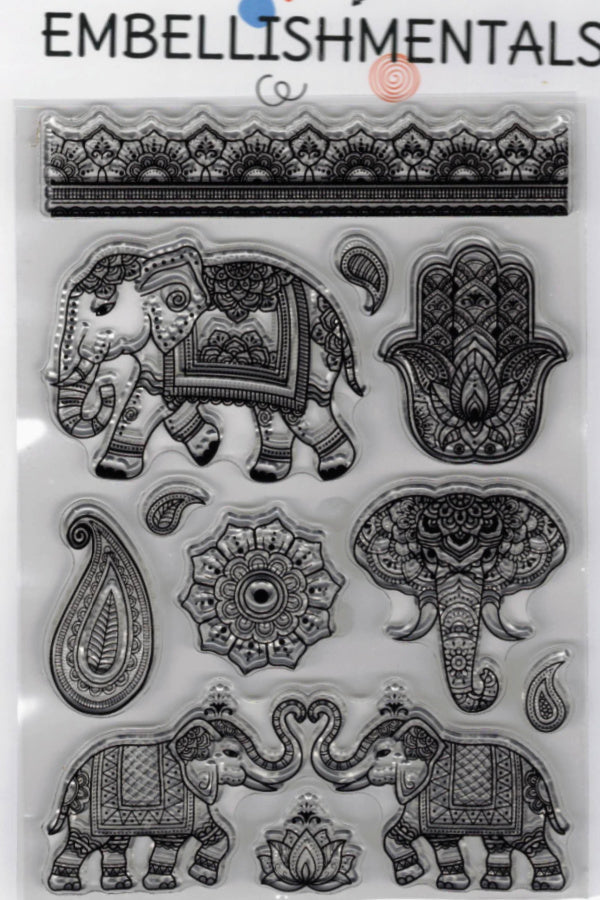 Henna Elephant & Mandala Clear Stamp Set, 11-Piece Boho Collection