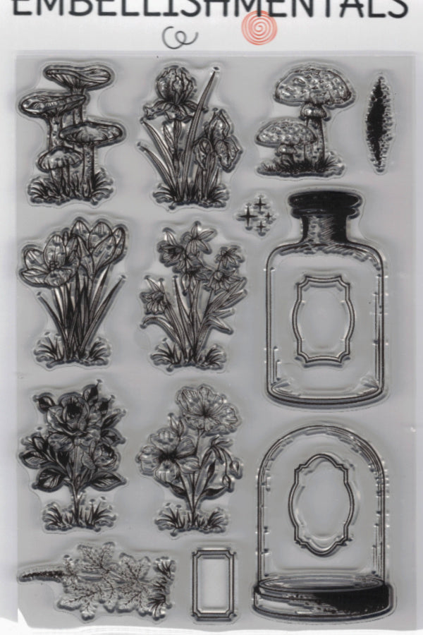 Specimen Collection Clear Stamp Set, 15 Piece Mushrooms, Florals & Jars