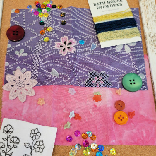 OOAK Mixed Media Fabric & Embellishment Sampler  – Pink/Purple