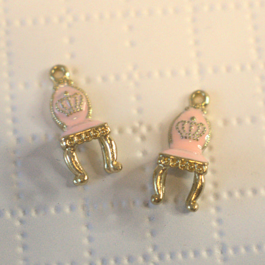 Pink Royal Throne Charm, 3D Enamel Gold Tone Miniature Chair Pendant, 2 Pieces