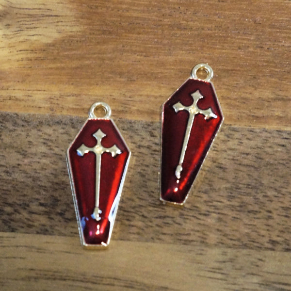 Red Enamel Coffin Charms with Cross, Goldtone, Set of 2