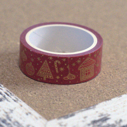 Holiday Icons Washi Tape, Red with Metallic Gold Motifs (15mm x 2m)