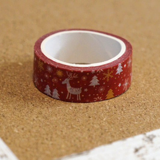 Red Reindeer & Trees Washi Tape, Modern Folk Holiday Design