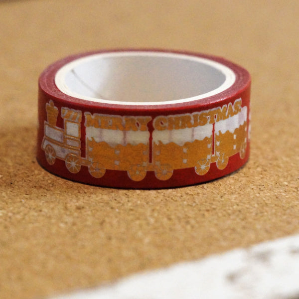 Red Christmas Train Washi Tape, Metallic Gold & White (15mm x 2m)