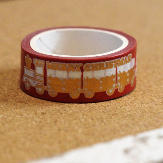 Red Christmas Train Washi Tape, Metallic Gold & White (15mm x 2m)