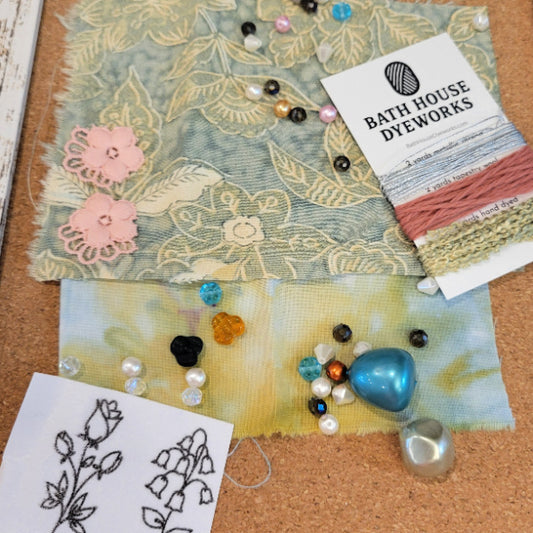 OOAK Mixed Media Fabric & Embellishment Sampler  – Sage Floral