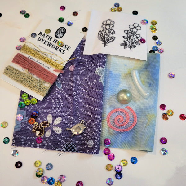 OOAK Mixed Media Fabric & Embellishment Sampler  – Purple/Blue