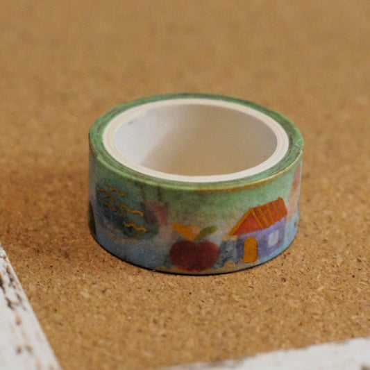 Whimsical Village Washi Tape – Green – Gold Foil Pattern