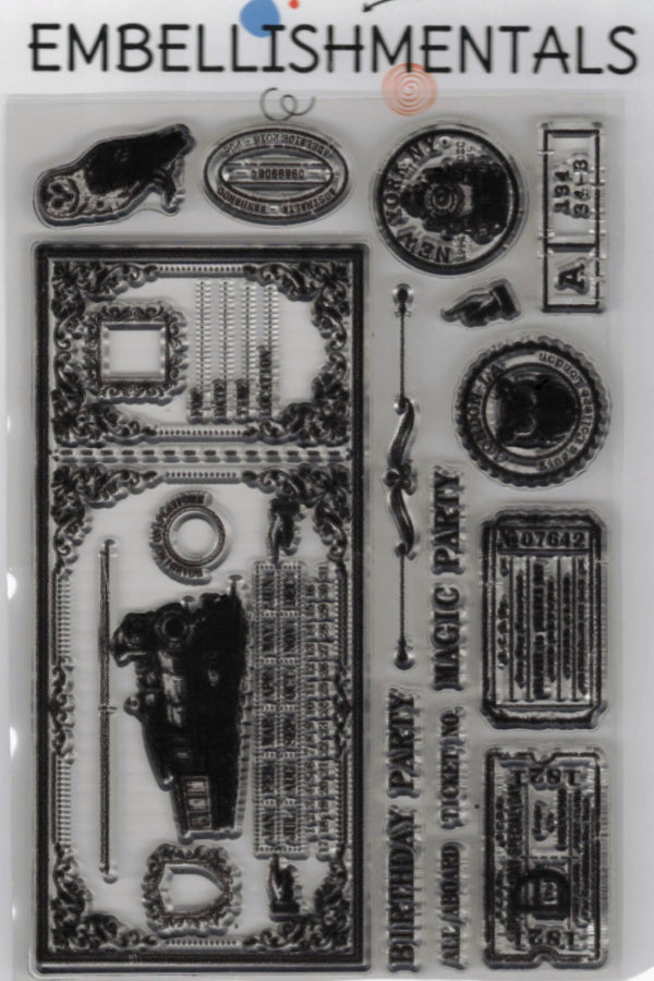 Vintage Train Ticket & Ephemera Clear Stamp Set, 14 Pieces