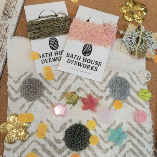 Wildflower embellishments pack with hand-dyed fibers, botanical fabric, lace snippet, flower beads, buttons and sequins
