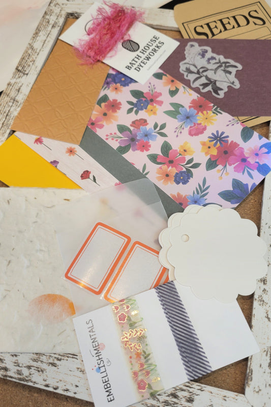 Wildflower junk journal ephemera kit with floral cardstock, seed packet, textured papers, tags, labels and washi tape