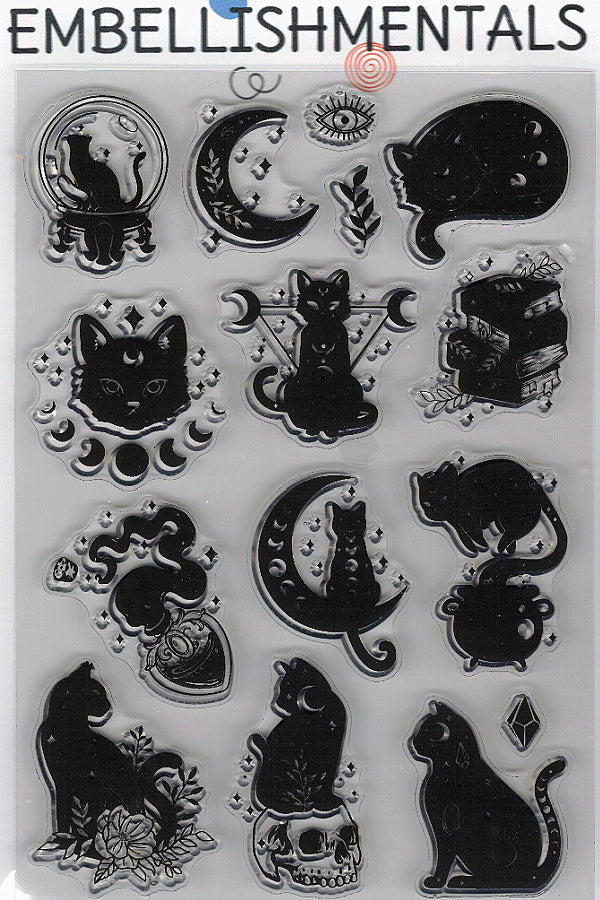 Mystic Familiar Clear Stamp Set, 15 Piece Celestial Cat & Witchy Icon Collection